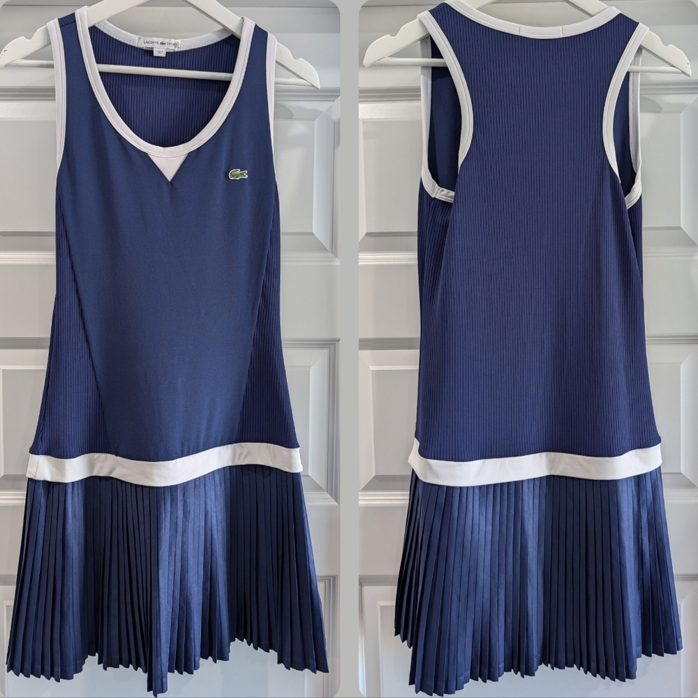 Lacoste Sport Active Tennis Dress Pleated Skirt Navy White Ribbed Golf Sz 38
